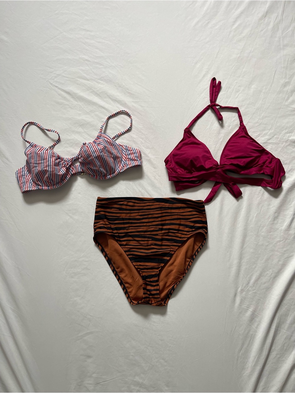 Mismatched Bikini Swim Bundle set. Striped top, Maroon top, Orange Zebra bottoms